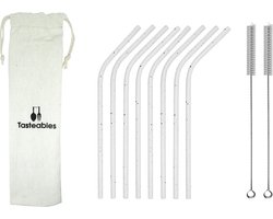 RVS Rietjes Gebogen - Cocktail Rietjes - Tasteables - Set van 8 - Duurzaam - Herbruikbaar - Reinigingsborstel - 200mm lengte - Wit met zwart — cadeau in Kookcadeaus