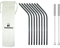 RVS Rietjes Gebogen - Cocktail Rietjes - Tasteables - Set van 8 - Herbruikbaar - Reinigingsborstel - 210mm lengte - Zwart — cadeau in Kookcadeaus