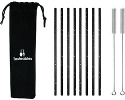 RVS Rietjes Recht - Cocktail Rietjes - Tasteables - Set van 8 - Duurzaam - Herbruikbaar - Reinigingsborstel - 200mm lengte - Zwart met wit — cadeau in Kookcadeaus