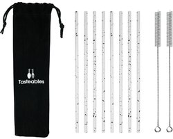 RVS Rietjes Recht - Cocktail Rietjes - Tasteables - Set van 8 - Duurzaam - Herbruikbaar - Reinigingsborstel - 200mm lengte - Wit met zwart — cadeau in Kookcadeaus