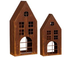 Mica Decorations Lantaarn Huis Roest Set van 2 - Decoratieve Lantaarns in Huisvorm - Sfeervolle Lantaarnset van Ijzer voor Kaars of LED-verlichting - L21 x B10 x H45 cm - Bruin — cadeau in Wonen & Interieur