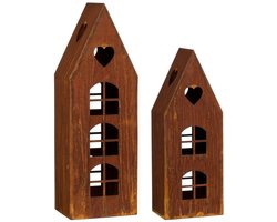 Mica Decorations Lantaarn Huis Roest Set van 2 - Decoratieve Lantaarns in Huisvorm - Sfeervolle Verlichting voor Kaars of LED - Gemaakt van Ijzer - L16,5 x B12 x H48 cm - Roestbruin — cadeau in Wonen & Interieur