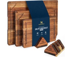 Nadafati Premium Massief Acacia Houten Snijplankenset met Houder - 3 Houten Snijplanken - Dubbelzijdig - Met Sapgeul - Hakblok - Serveerplank - Borrelplank - Tapasplank - Kaasplank - Broodplank - Snijplank van Acaciahout — cadeau in Kookcadeaus