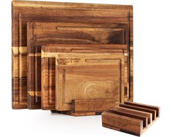 Snijplankenset Hout 4-delig met Houder — Acacia Snijplanken met Sapgeul — 2 cm Dik — Antibacterieel & PFAS-vrij — Borrelplank, Serveerplank, Tapasplank — XL/L/M/S (40x30 / 33x24 / 27,5x18 / 21,5x15 cm) — Les Plaisirs du Chef — cadeau in Kookcadeaus
