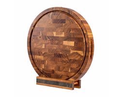 VDN Professionele Snijplank Rond Acacia Hout met Sapgeul en Handvaten – Anti-slip Borrelplank met Houder Set - Hakblok Kopshout Ø 38 x 3,8 CM — cadeau in Kookcadeaus