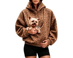 Huisdier Buidel Trui - Hoodie met huisdierenzak - Dieren Draagzak Hoodie - oversized fleece sweatshirt - Panterprint - met capuchon en trekkoord - Voor Kleine Hond & Kat - Maat S - Bruin — cadeau in Cadeau-ideeën