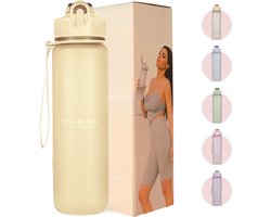 Cabau - Bloom Waterfles / Drinkfles - 1 liter - Butter Yellow - Handige drinktuit & unieke maataanduiding - BPA- & Lekvrij - Drinkfles met rietje volwassenen - Drinkfles volwassenen - Cadeau voor haar — cadeau in Sport & Outdoor