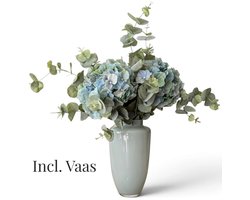 BLOOM & VESSEL Zijden Hortensiaboeket met Vaas – 60 cm – Boeket Aquamarine – Blauwgroene Hortensia & Eucalyptus – Kunstbloemen – Nepbloemen — cadeau in Wonen & Interieur