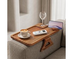 Bank Arm Dienblad, Acacia Hout Clip On Sofa Armleuning Tafel met Wijnglas Houder, Opvouwbare Fauteuil Tray met 360 ° gedraaide telefoonhouder, Bankleuning tafel voor Snack Afstandsbediening — cadeau in Kookcadeaus