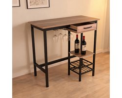 Hoge bartafel 100×40×90 cm, rechthoekig grijs eettafel, metaal‑hout, stoffen lade, houder voor wijnflessen & plank voor wijnglazen, voor keuken woonkamer eetkamer — cadeau in Cadeau-ideeën