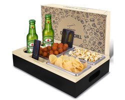 Lexorion Couch Sofa Bar Snack Box – Couch & Chill Sofa Tray – Bamboe Bank Butler – Zwarte Sofa Bar Snack Box met Roestvrijstalen Kommen – Cupholder – Wijn Glazen Houder – Organizer voor Afstandsbediening en Snacks – Cadeau voor Hem & Haar — cadeau in Kookcadeaus