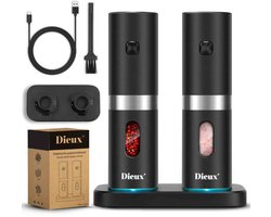 Dieux - Elektrisch Peper en Zoutmolen set met Oplaadstation - Pepermolen - Zoutmolen - 2 stuks - Instelbare maalgraad - Hervulbaar - Barbecue - BBQ accesoires - Luxe kwaliteit - Kruidenmolen — cadeau in Kookcadeaus