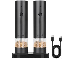 VAYN Elektrische Peper en Zoutmolen Set - Automatische Pepermolen met Instelbare Maalgraad - USB-C Oplaadbaar - 2 Stuks met Houder - Zwart — cadeau in Kookcadeaus