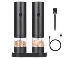 Rivv® Elektrische Zout- en Pepermolen Set - USB-C Oplaadbaar - Automatisch - Instelbare Maalgraad - Inclusief Houder en Reinigingsborstel - Zwart — cadeau in Kookcadeaus