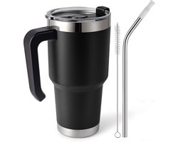 Thermische mok met rietje en handvat Drinkbeker Koffiemok voor onderweg met spatwaterdicht deksel en buisborstel Roestvrij staal vacuüm geïsoleerde autobeker voor warme koude dranken BPA-vrij — cadeau in Koken & Dineren