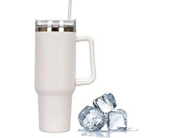 Reismok met rietje en deksel,inhoud 1182 ml roestvrij staal, dubbelwandige vacuüm geïsoleerde koffiebeker, voor warme en koude koffie, reismok met handvat, koffiemok voor onderweg, wit — cadeau in Koken & Dineren