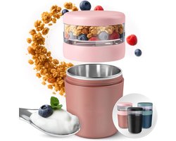 PromoHome Mueslibeker voor onderweg 650 ml - RVS geïsoleerd met lepel - Yoghurtbeker voor pap, muesli & cornflakes - BPA-vrij - Vaatwasserbestendig - Roze — cadeau in Koken & Dineren