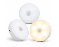 Ledverlichting - Bewegingssensor - 3 stuks - Rond - Draadloos - Oplaadbaar - USB C - Nachtlamp - Warm licht - Sensor - Kastverlichting - Trapverlichting - Nachtlampje — cadeau in Wonen & Interieur