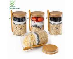 2DayHome Overnight Oats Potjes Glas - Set van 4 met Bamboe Deksel en Lepel - 500 ml - Luchtdicht - Muesli Beker - Yoghurtbeker - Lunchpot - Havermout Ontbijtpotjes - Meal Prep Glazen Voorraadpotten met Deksel - Incl. Receptenboek — cadeau in Kookcadeaus