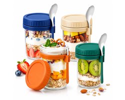 BOTC Overnight Oats Potjes - Voorraadpotten - Set van 4 met Lepels - 4x475ml Mason Jar - Glazen Potjes met deksels - Mason Jar - Lekvrij ontwerp — cadeau in Kookcadeaus