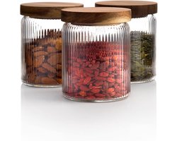 Geribbelde Glazen Pot met Houten Deksel - Set van 3 - Luchtdichte Geribbelde Voorraadpotten voor Voedsel, Thee, Koffie, Snoep & Kruiden - Opbergpotten voor Huis - Keuken - 650 ml - 9x15cm — cadeau in Wonen & Interieur
