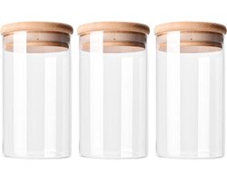 Krumble Voorraadpotten - Set van 3 - 700 ml per pot - Met deksel - Suikerpotten - Snoeppotten - Glazen potten - Voorraadbussen - Bewaarpot - 3-delig - Opbergen en bewaren - Luchtdicht - Glas - Hout - 9 x 9 x 16 cm — cadeau in Wonen & Interieur
