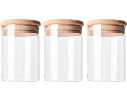Krumble Voorraadpotten - Set van 3 - 500 ml per pot - Met deksel - Suikerpotten - Snoeppotten - Glazen potten - Voorraadbussen - Bewaarpot - 3-delig - Opbergen en bewaren - Luchtdicht - Glas - Hout - 9 x 9 x 11 cm — cadeau in Wonen & Interieur