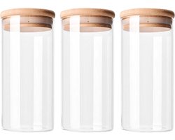 Krumble Voorraadpotten - Set van 3 - 1000 ml per pot - Met deksel - Suikerpotten - Snoeppotten - Glazen potten - Voorraadbussen - Bewaarpot - 3-delig - Opbergen en bewaren - Luchtdicht - Glas - Hout - 9 x 9 x 20,5 cm — cadeau in Wonen & Interieur