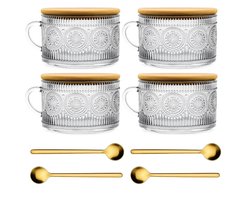 Dutchers.® Overnight Oats Potjes - Set van 4 - Retro - Lepels Inbegrepen - Potjes van Glas - 540ml - Glazen Potjes met Deksel - Overnight Oats - Muesli Beker - Hygiënisch - Lunchpot - Yoghurtbeker - Milieuvriendelijk - Glas & Bamboe - Ontbijt & Lunch — cadeau in Kookcadeaus