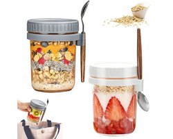 Wishdor Havermout beker to go set van 2 - Glazen pot van 350 ml met deksel en lepel - Lekvrije yoghurt beker voor ontbijt en lunch - Magnetronbestendig - Ø 8,7 x 12,2 cm — cadeau in Kookcadeaus