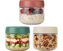 Set van 3 overnight oats potjes glas - vershoudbakjes - voorraadpotten - glazen potjes met deksel - Met deksels - 283 ml - Geschikt voor saladedressings en snacks - Meerkleurig — cadeau in Wonen & Interieur
