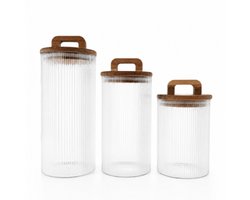 Voorraad potten set van 3 - 1000ml - 1700ml - 2100 ml - ribbel - voorraadpotten glas met deksel, luchtdichte potten met houten deksel, voorraadpot voor muesli, glazen luchtdichte voorraadpotten voor pastanoedels, meelopslag, koffiebonen glazen — cadeau in Wonen & Interieur