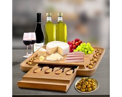 Bamboe Kaasplank met Lade & Inclusief 4 Kaas messen - Kaas plankje - Serveerplank hout - Serveerplank voor kaas — cadeau in Kookcadeaus