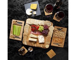 Borrelplank Bamboe - Kaasplank Met 4 Messen - Tapasplank Uitschuifbaar - Serveerplank Hout - Kaasplank Met Kaasmesjes - dienblad - Keramische Plaat — cadeau in Kookcadeaus