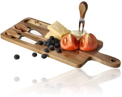 Kaasplankje met Messen – Bamboe Kaasplank met 3 Kaasmessen – Serveerset Houten Plank 42x15,5x1,5 cm voor Kaas, Borrel & Tapas — cadeau in Kookcadeaus