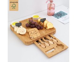 Luxe XL Kaasplank met Lade en Inclusief 4-delige Kaas Messen Set - Kaas Serveerplank - Bamboe Kaasplank met messen — cadeau in Kookcadeaus