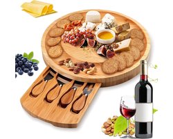 Bamboe Kaasplank Cadeauset Charcuterie Bord Milieuvriendelijke Kaasplank Perfect Voor Feesten Housewarmings Bruiloften Verjaardagen En Zakelijke Geschenken Met Mes Set Afmetingen 34x28x1 5 Cm — cadeau in Kookcadeaus