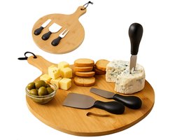 Lomera Bamboe Kaasplank - Kaasplank met Mesjes - Kaasplank Set - Serveerplank Bamboe - Kaasmesjes Set - RVS Kaasmesjes - Kaasplank Rond - Kaas Serveerplank - Kaasplank met Handvat - Kaasplank met 3 Messen — cadeau in Kookcadeaus