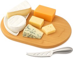 Lomera Kaasplank Set - Kaasplankje - Serveerplank - Ovaal Bamboe - Bakje & Mes - Porselein & Roestvrijstaal - Bamboe Kaasplank - Porseleinen Bakje - Roestvrijstalen Kaasmes - Ovale Plank - Serveerset - Kaas Serveerset — cadeau in Kookcadeaus