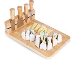 Kaasplank met Kaasmes Bamboe 5 delig - Serveerplank - Kaasmessen - Set - Hapjesplank - Mesjes - Snijplank — cadeau in Kookcadeaus