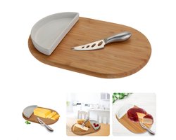 Kaasplank Set - Kaasplankje - Serveerplank - Ovaal Bamboe - 30x19,5cm - Bakje & Mes - Porselein & Roestvrijstaal — cadeau in Kookcadeaus