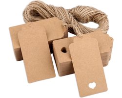 100x Kraft Karton Labels - Met 100 Jute Touw - Cadeaulabels - 9.5 x 4.5 CM - Hart - Beschrijfbaar - Kartonnen Cadeaulabels - Kraftpapier Naamkaartjes - Blanco Prijskaartjes - Gift Tags - Multifunctioneel Label - Dik & Stevig — cadeau in Cadeau-ideeën
