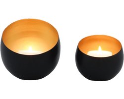 Decoratieve theelichthouders van metaal, 12 cm groot, zwart/goud, stijlvolle windlichten voor huis en tuin — cadeau in Wonen & Interieur