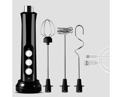Melkopschuimer - Melkopschuimer elektrisch - Melkopschuimers - Melkopschuimer electrisch - USB oplaadbare melkopschuimer - 3-snelheden elektrische schuimmaker - Met roestvrijstalen garde - Voor koffie-cappuccino-latte-matcha-eiwitpoeder - Zwart — cadeau in Kookcadeaus