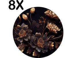Luxe Ronde Placemat - Goud met Zwarte Bloemen Kunst - Set van 8 Placemats - 40x40 cm - 2 mm dik Vinyl - Anti Slip - Afneembaar — cadeau in Wonen & Interieur
