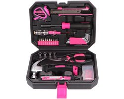 Gereedschapsset - Handgereedschap Koffer - Klusjes Thuis - 66 Delig - Compact formaat - Roze — cadeau in Gereedschap