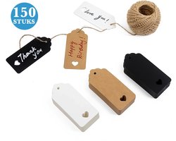 150x Stuks Kraft Karton Labels met 20m Jute Touw - Hart Kartonnen Cadeaulabels met Gaatje en Koord - Bruine, Zwarte & Witte Etiketten - Kraftpapier Naamkaartjes - Blanco Prijskaartjes\Prijslabels met Koortje - 9x4cm — cadeau in Boeken