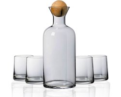 Mémoire® Acqua di Fumo Waterkaraf Set – Luxe Water Karaf met 4 Bijpassende Glazen en Houten Bal– Gerookt Glas Effect – Inclusief Houten Afsluitbal – Design Tafelset – Stijlvol Cadeau voor Thuis, Tafel en Designliefhebbers — cadeau in Koken & Dineren
