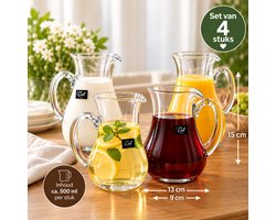 Set van 4 Glazen Karaffen / Schenk kannen – 500 ml – Voor Water, Wijn, Melk, Sap, Frisdrank, Sauzen en Dressings – Transparant Glas — cadeau in Cadeau-ideeën