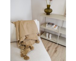 Dekentje - pompom deken beige – Ideaal als sprei voor je bed of deken voor op de bank - 150 x 200cm - Plaid woon- en slaapkamer — cadeau in Wonen & Interieur